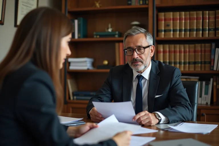 Avocat français en discussion avec un client dans un bureau sérieux