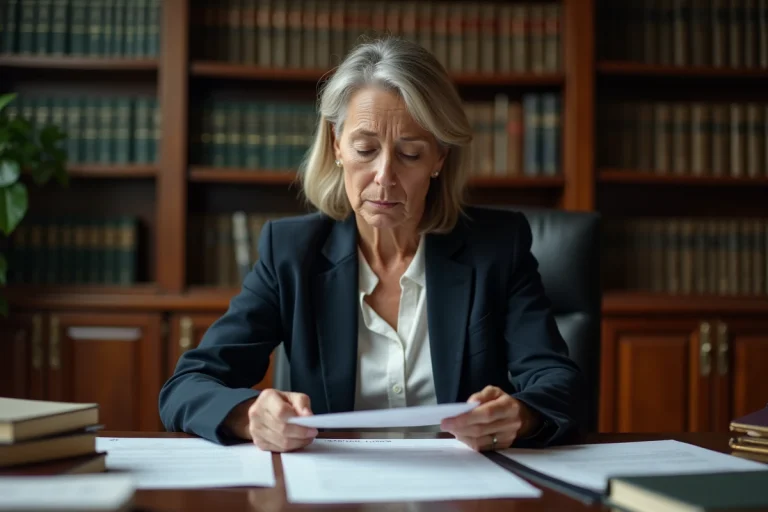 Avocate examinant des documents juridiques liés à la prescription et forclusion dans un cabinet d'avocat professionnel