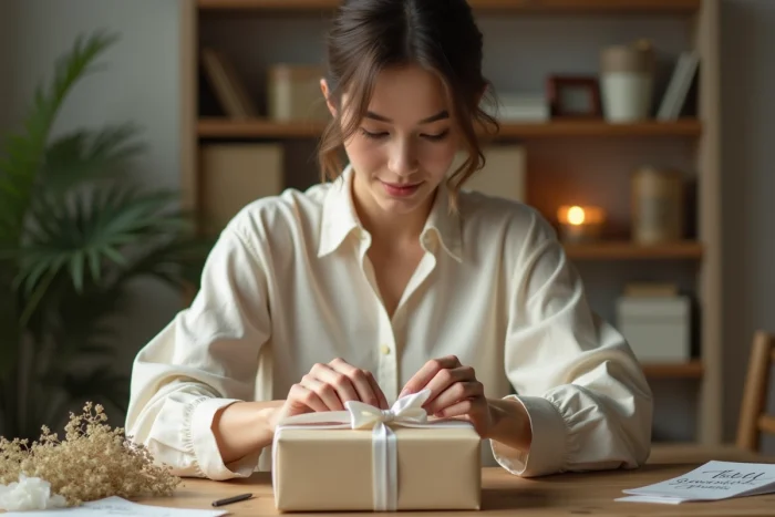 Jeune femme emballant un cadeau de baptême avec un ruban blanc sur une table en bois rustique