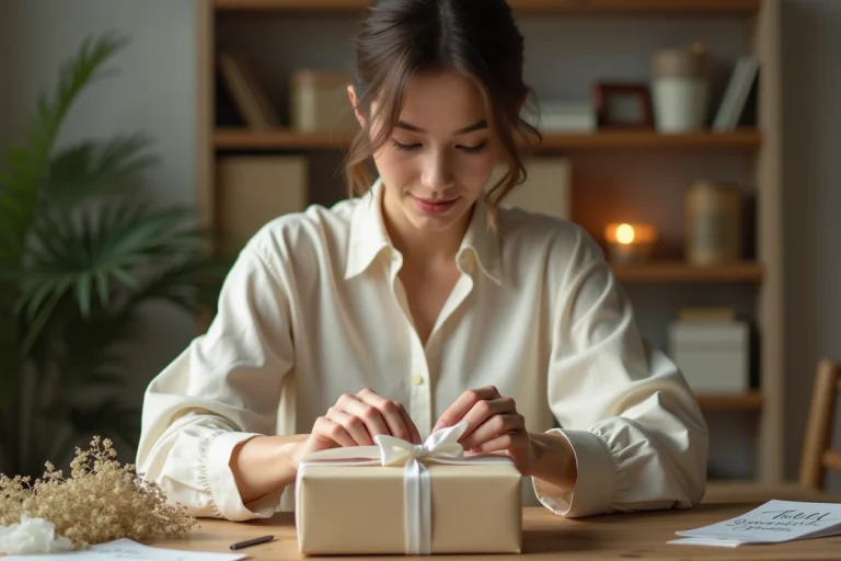 Jeune femme emballant un cadeau de baptême avec un ruban blanc sur une table en bois rustique