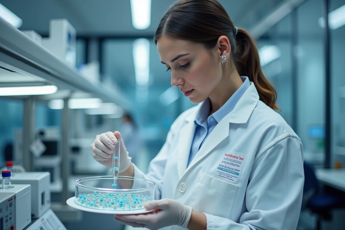 Jeune chercheuse en laboratoire avec un platine de biosensors