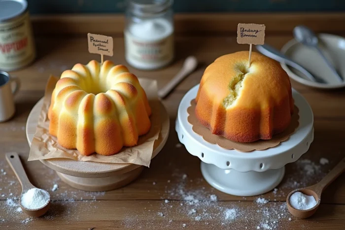Comparaison entre un gâteau raté avec trop de levure et un gâteau réussi bien levé sur une table en bois