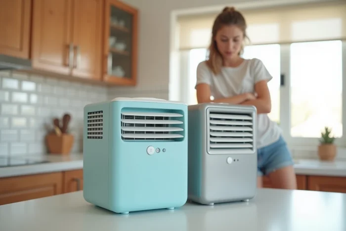 Comparaison de deux rafraîchisseurs d'air portables sur un plan de travail de cuisine moderne