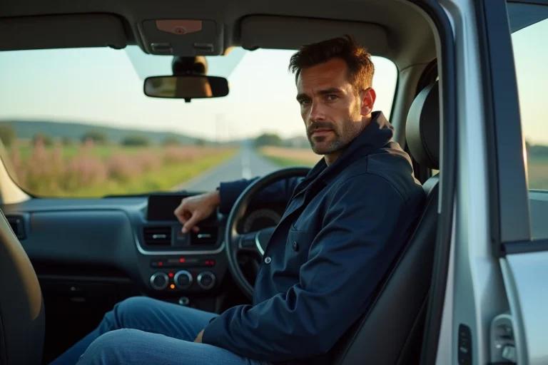 Homme dans sa voiture en campagne au printemps