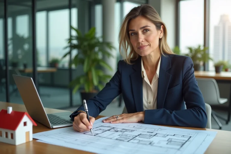 Femme professionnelle de l'immobilier analysant des plans de construction dans un bureau moderne pour un projet immobilier