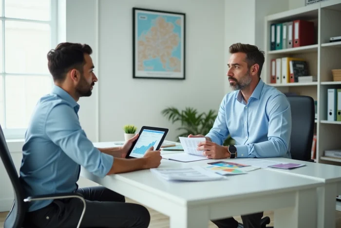 Homme consultant un conseiller financier pour le financement et les démarches de son projet immobilier