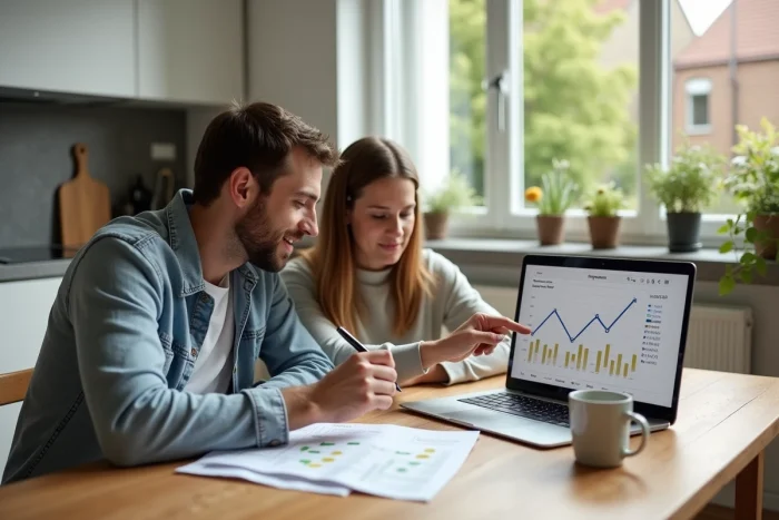 Couple analysant leur consommation énergétique sur un ordinateur portable pour réduire les dépenses de leur logement