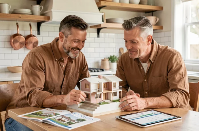 Couple étudiant un projet d'investissement immobilier à domicile avec maquette et documents financiers