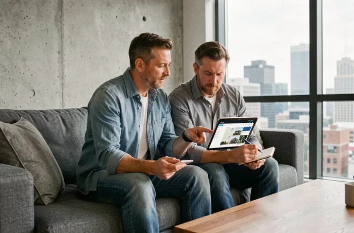 Couple consultant des annonces immobilières sur une tablette dans leur salon moderne