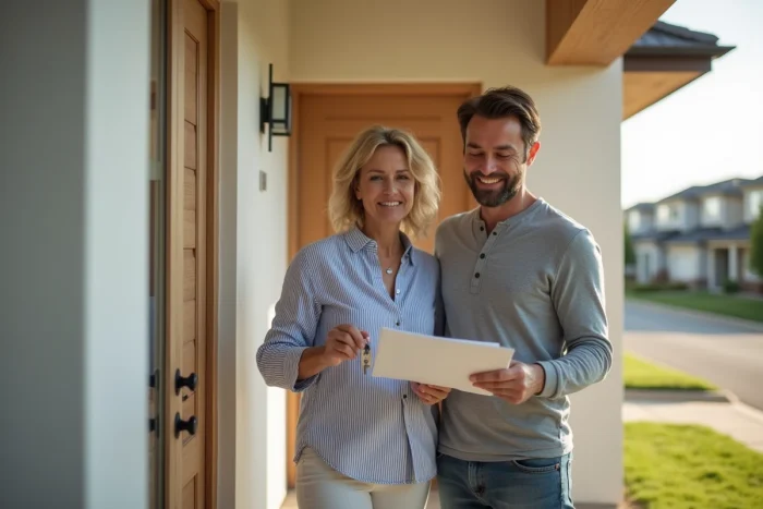 Couple heureux tenant les clés de leur nouvelle maison lors de la remise des clés d'un projet immobilier réussi