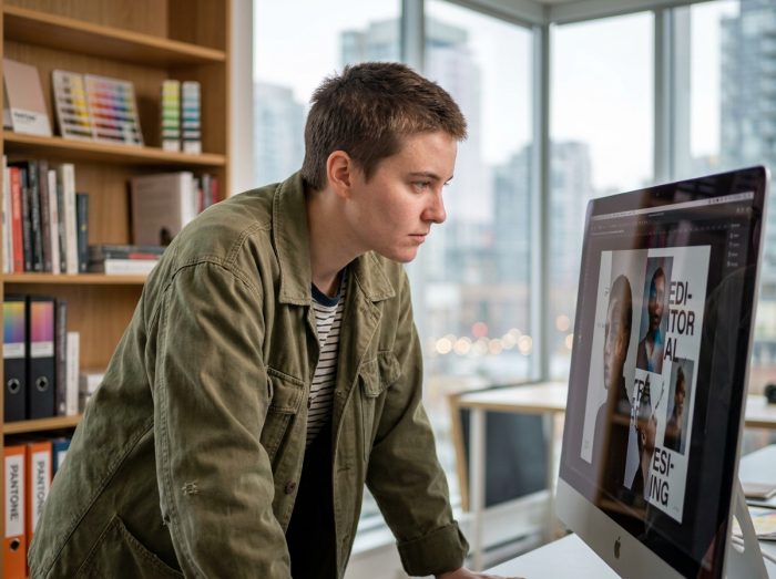 Designer non-binaire analysant une mise en page éditoriale typographique sur un grand écran dans un studio moderne avec vue sur la ville