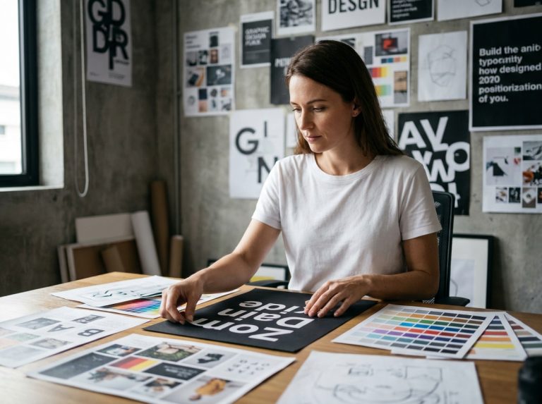 Designer graphique féminine arrangeant des compositions typographiques sur un bureau en bois dans un studio créatif aux murs couverts d'affiches