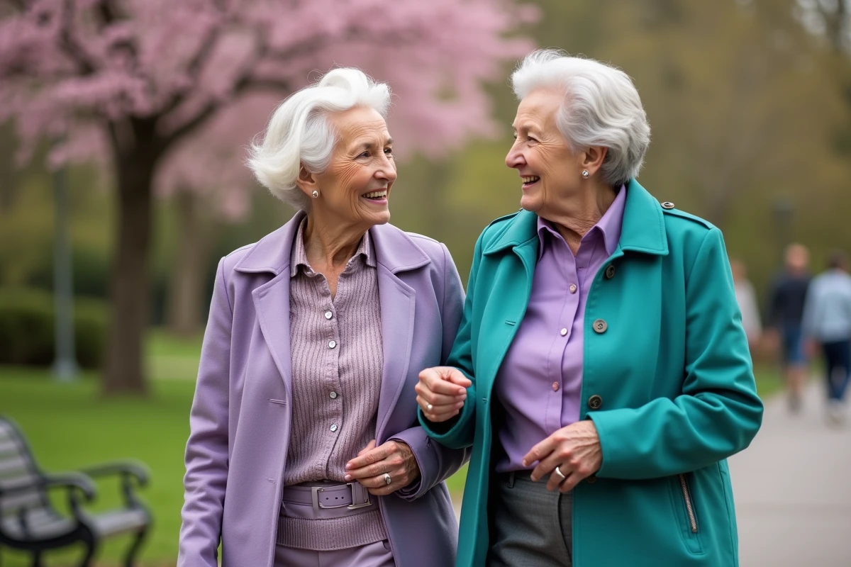 Deux femmes âgées se promenant dans un parc au printemps
