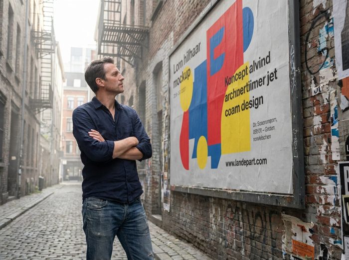 Directeur artistique masculin observant une grande affiche graphique sur un mur de briques dans une ruelle urbaine