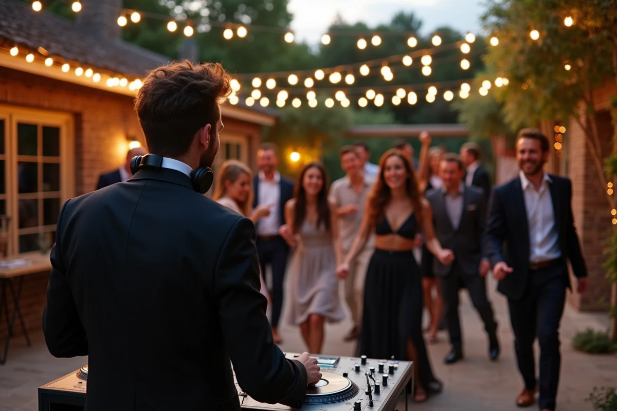 DJ professionnel animant la danse lors d’un mariage en extérieur