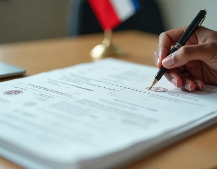 Gros plan sur des documents officiels de vérification de diplôme étranger et d'inscription à l'Ordre des Médecins en France
