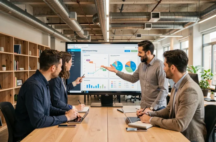 Équipe pluridisciplinaire en open space collaborant sur une stratégie de développement commercial B2B