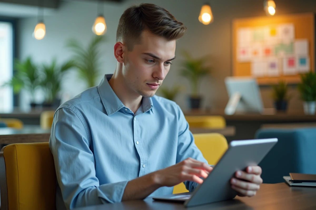 Etudiant utilisant une tablette dans un lounge moderne