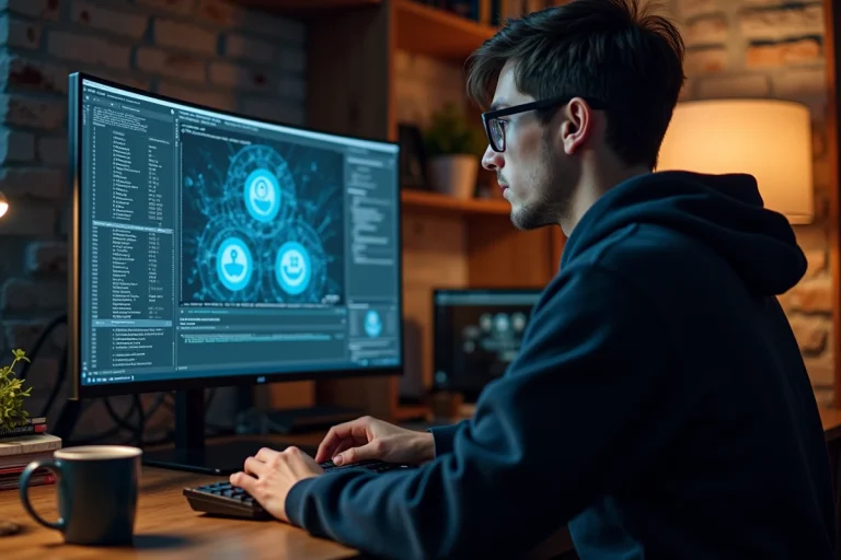 Jeune homme concentré explorant des contenus cachés du web sur un grand écran dans un bureau à domicile atmosphérique