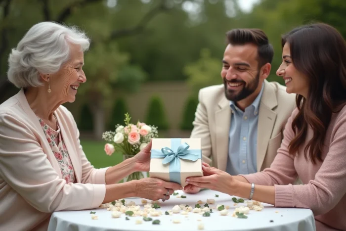 Famille réunie pour un baptême, grand-mère offrant un cadeau emballé à un jeune couple dans un jardin