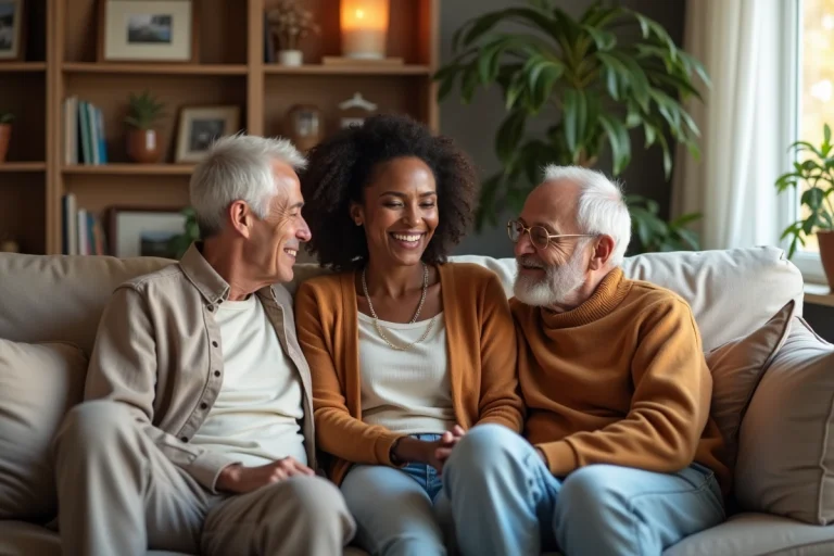 Famille multigenerations franco-africaine dans un salon chaleureux