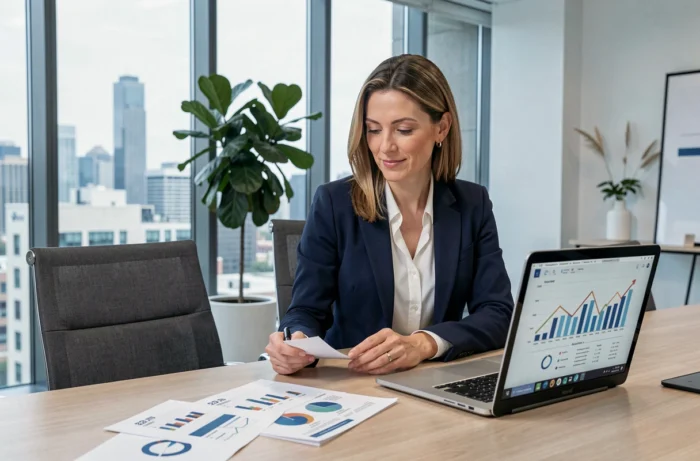Femme d'affaires analysant des rapports de vente B2B dans un bureau moderne avec vue sur la ville