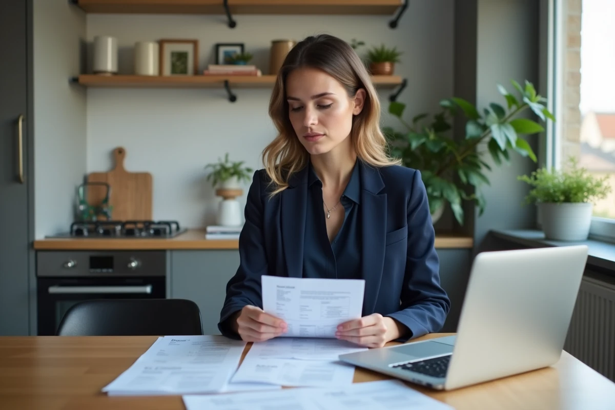 Femme d affaires examine des factures juridiques à la maison