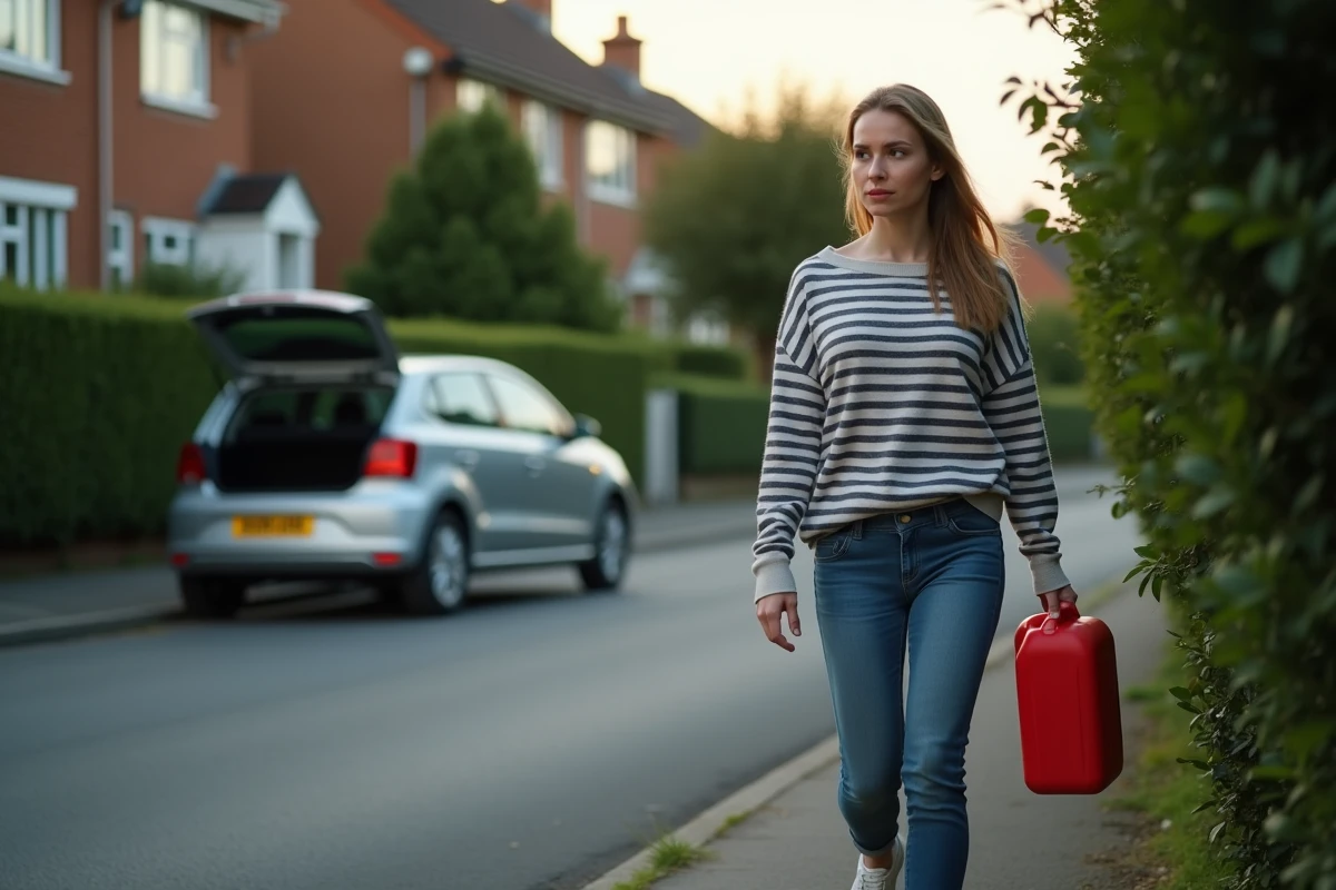 Femme avec jerrycan dans une rue de banlieue