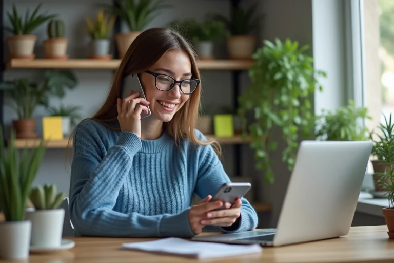 Jeune femme au bureau analysant ses réseaux sociaux