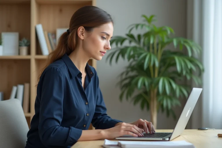 Femme au bureau à domicile utilisant un ordinateur portable