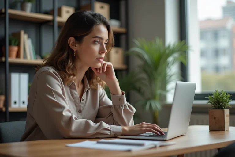Femme en bureau moderne travaillant sur son ordinateur