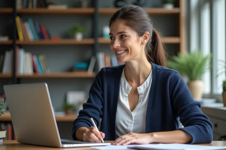 Femme en bureau universitaire souriante et concentrée