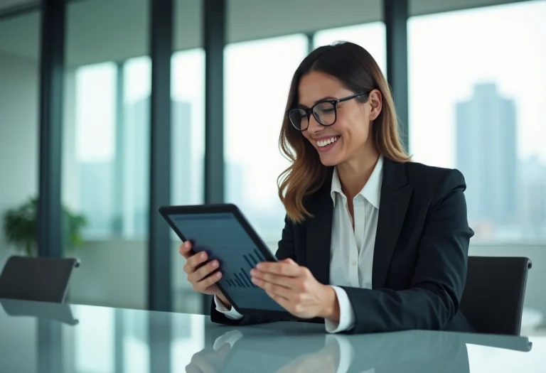 Femme confiante en costume d'affaires souriante avec tablette