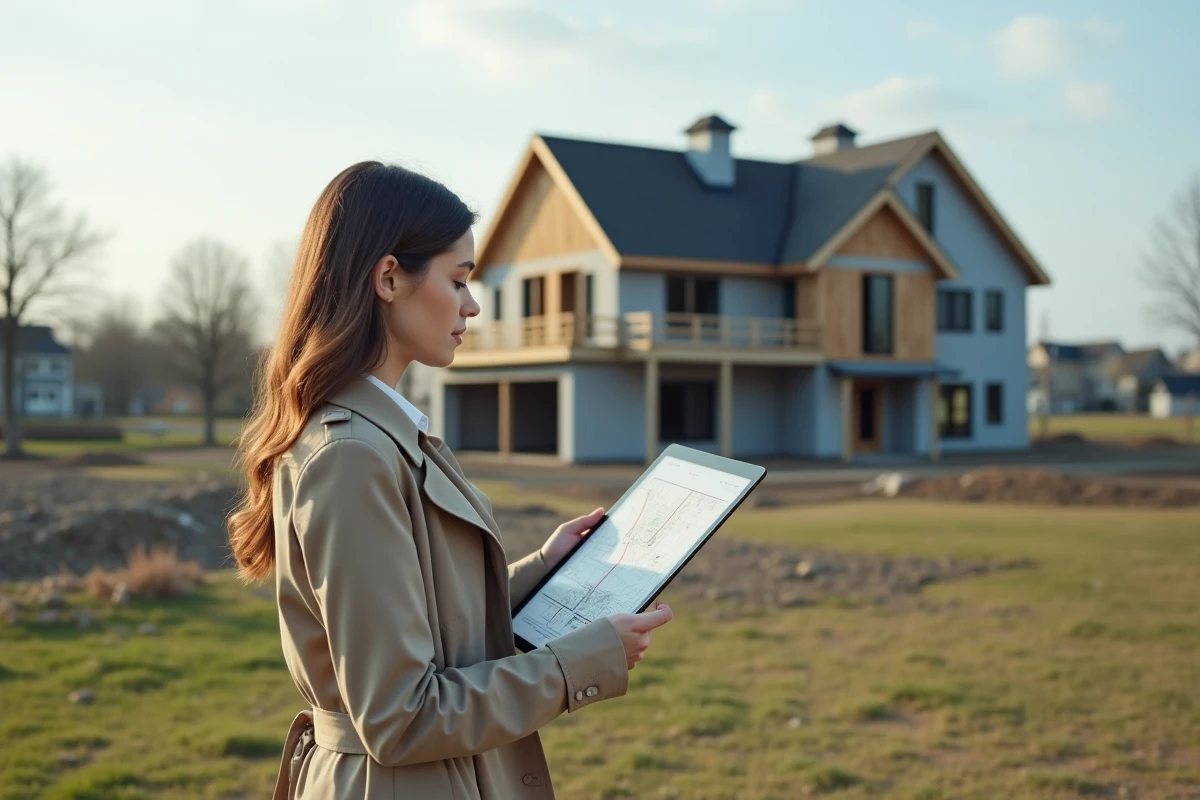 Jeune femme examinant un plan sur une tablette devant un chantier