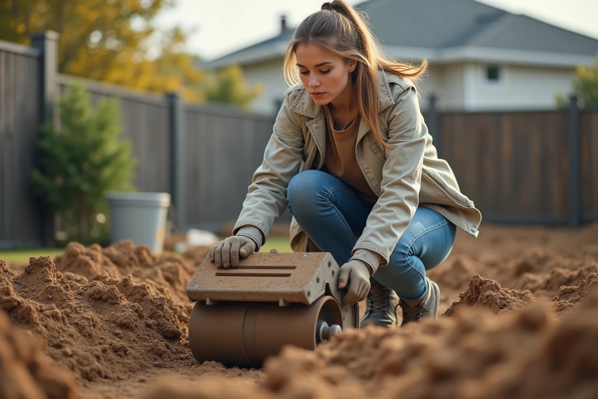 Jeune femme utilise un compacteur sur le chantier piscine