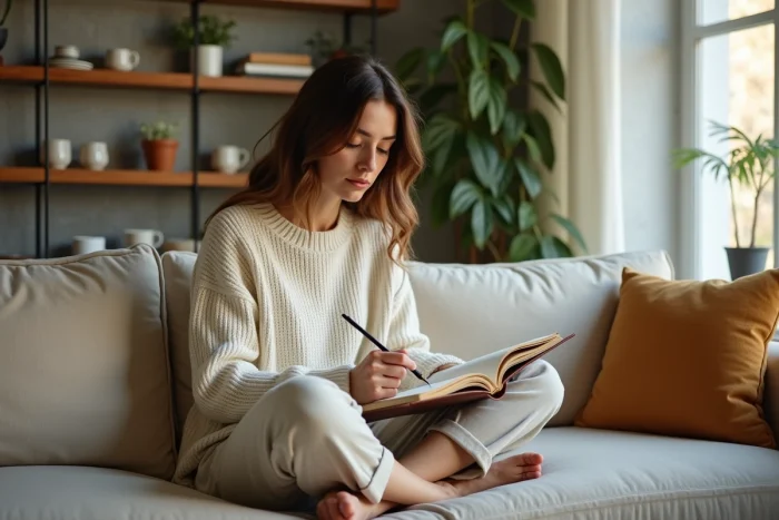 Femme créative écrivant dans un journal en cuir sur un canapé en lin dans un intérieur douillet et chaleureux