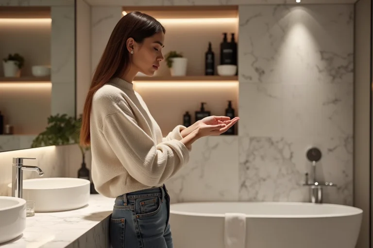 Jeune femme appliquant une creme dans une salle de bain moderne
