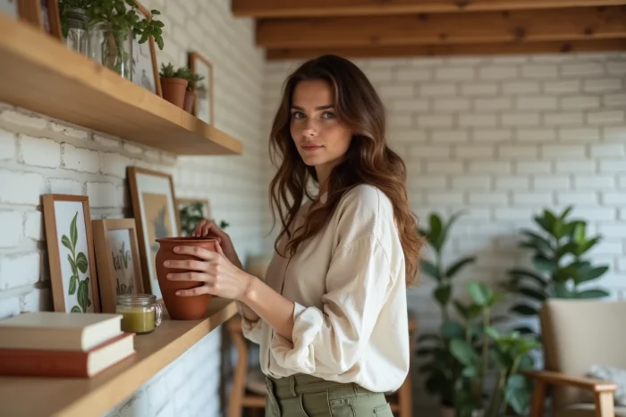 Femme arrangeant des objets décoratifs sur une étagère en bois dans un intérieur chaleureux avec briques apparentes, idées décoration maison