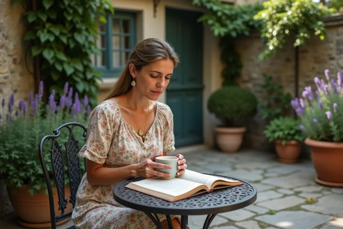 Femme sereine lisant un livre illustré dans un jardin en pierre avec lavande et lierre pour une vie douce au quotidien