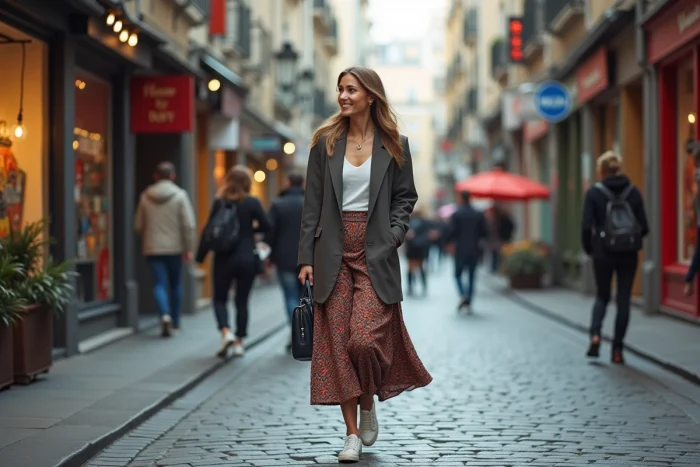 Femme stylée marchant dans une rue urbaine dynamique