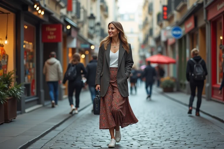 Femme stylée marchant dans une rue urbaine dynamique