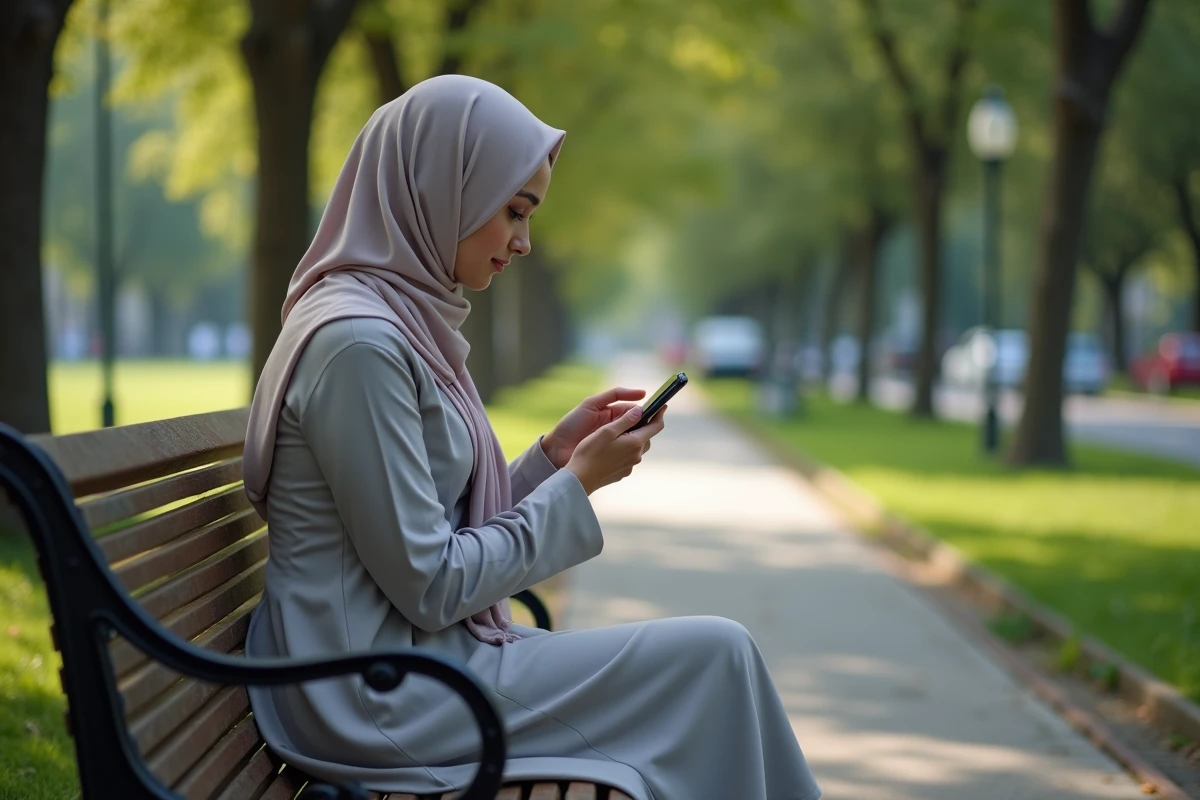 Jeune femme musulmane assise sur un banc dans un parc