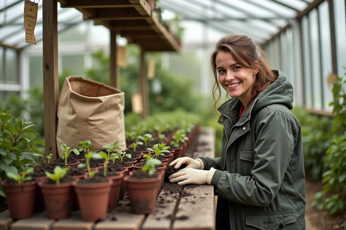Jeune femme en serre plantant des graines dans des pots en terre cuite