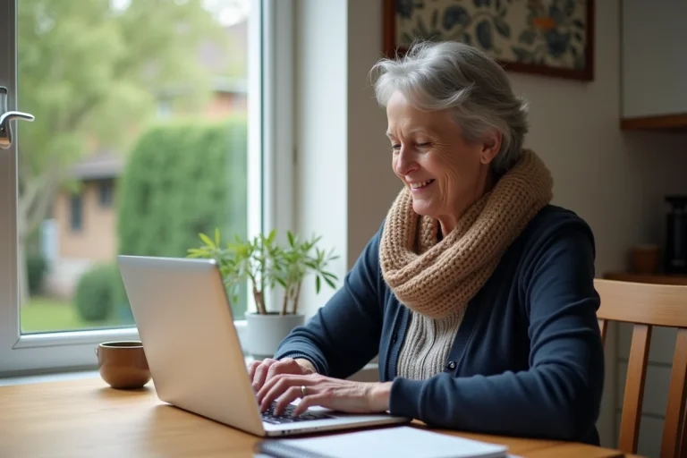 Femme souriante prenant rendez-vous médical sur son ordinateur