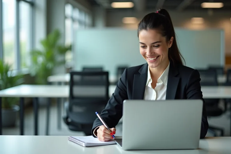 Femme d'affaires souriante en visioconference dans un bureau moderne
