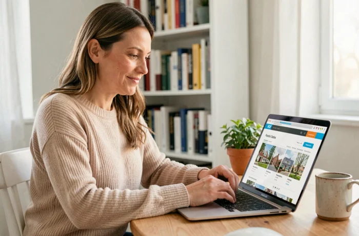 Femme cherchant un bien immobilier en ligne sur son ordinateur portable depuis son bureau à domicile