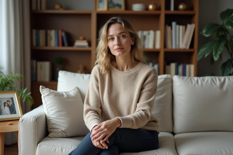 Femme pensive dans un salon moderne et chaleureux