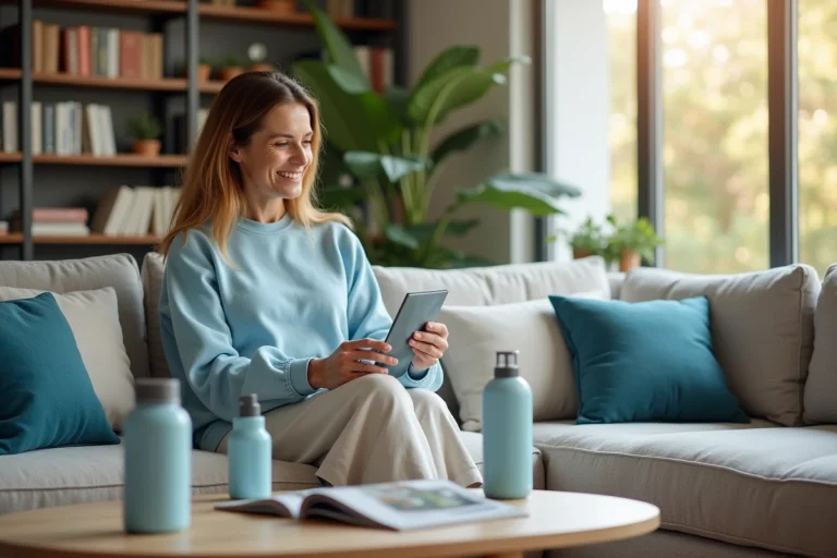 Femme souriante comparant deux produits ménagers dans un salon cosy