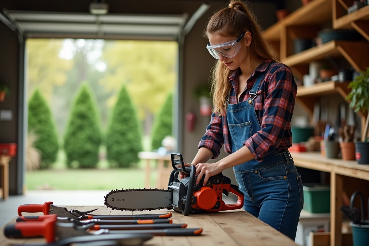 Jeune femme choisissant une scie dans un atelier de jardinage