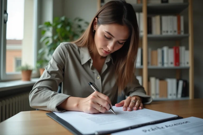 Femme d affaires signant des documents importants dans un bureau moderne